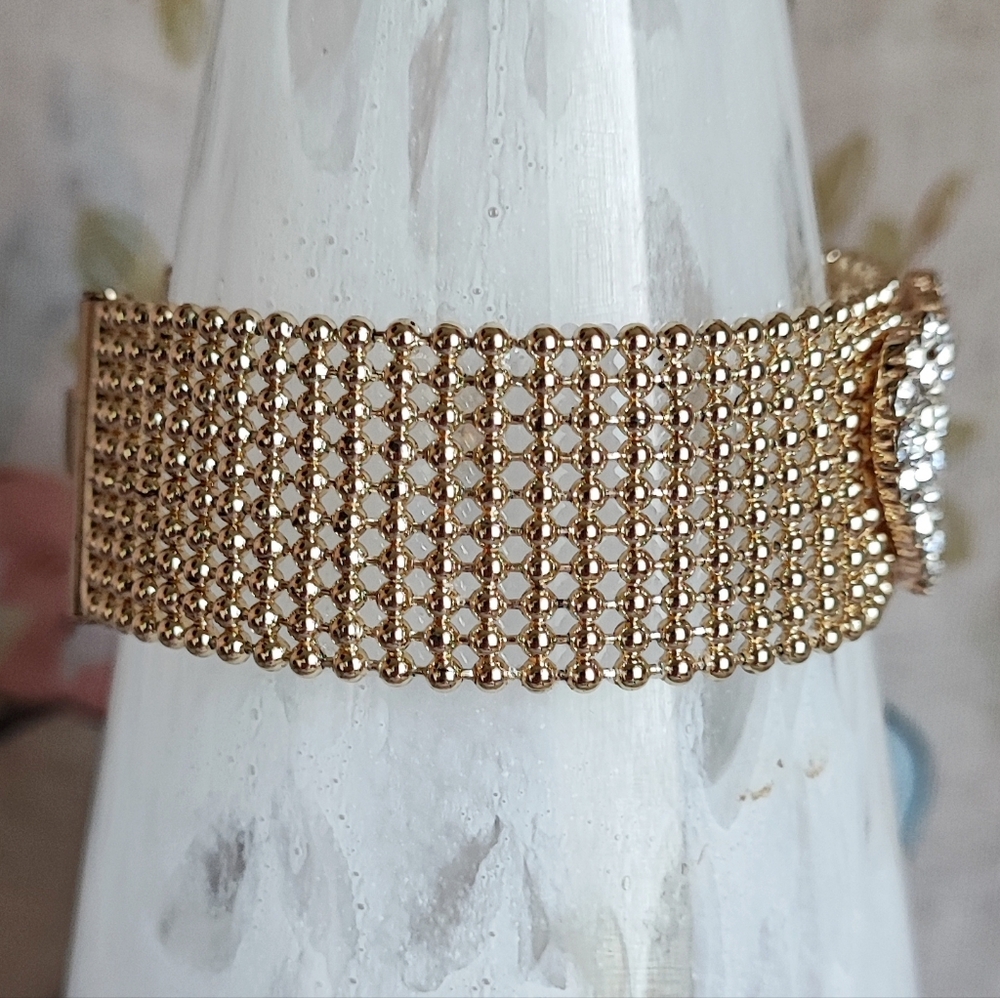 Gold Tone Vintage Ball Mesh Clear Crystal Heart Bracelet Extra Link NIB NWT - Picture 5 of 14